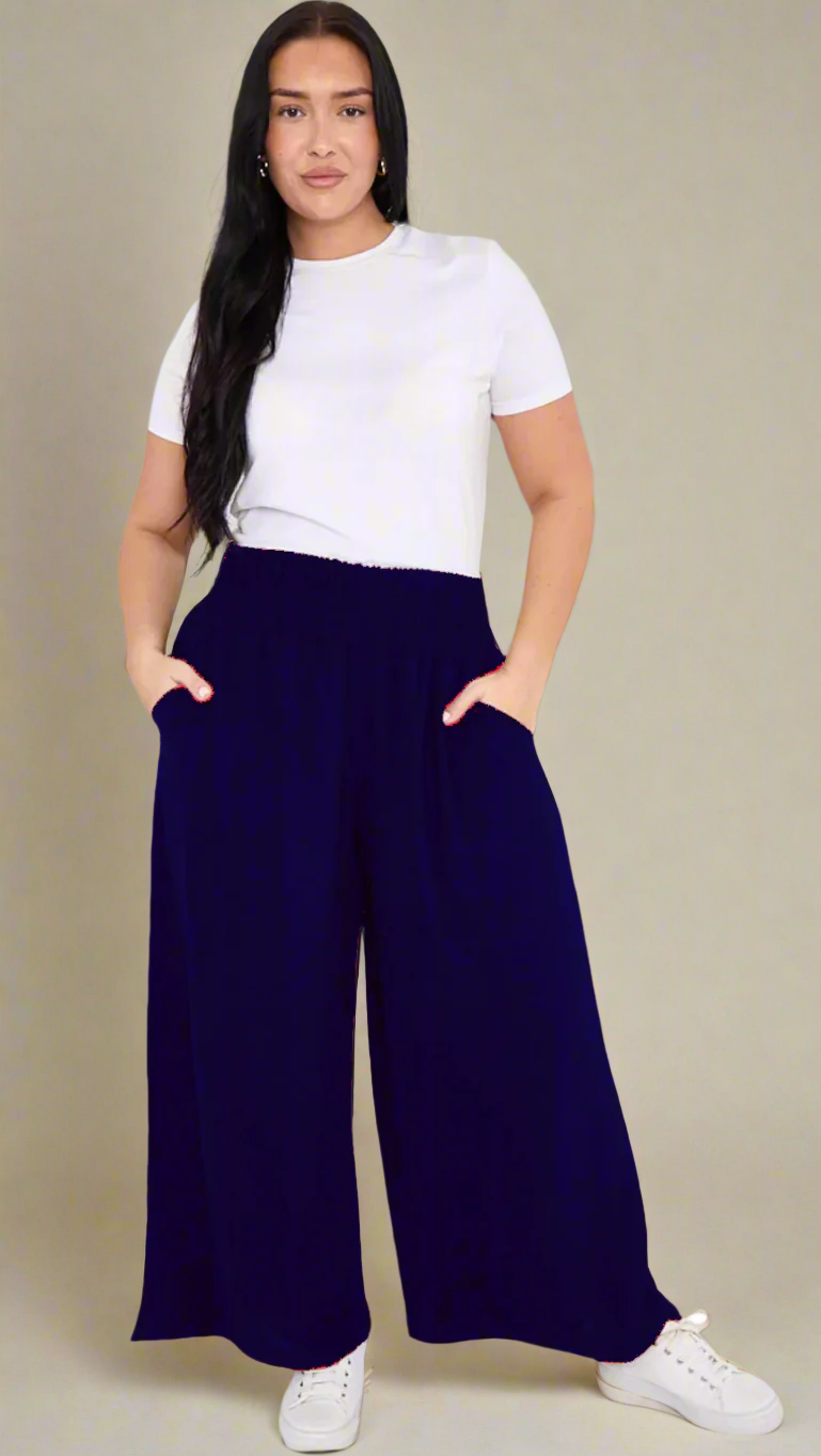 WIDE LEG SHIRRED WAIST TROUSERS - NAVY