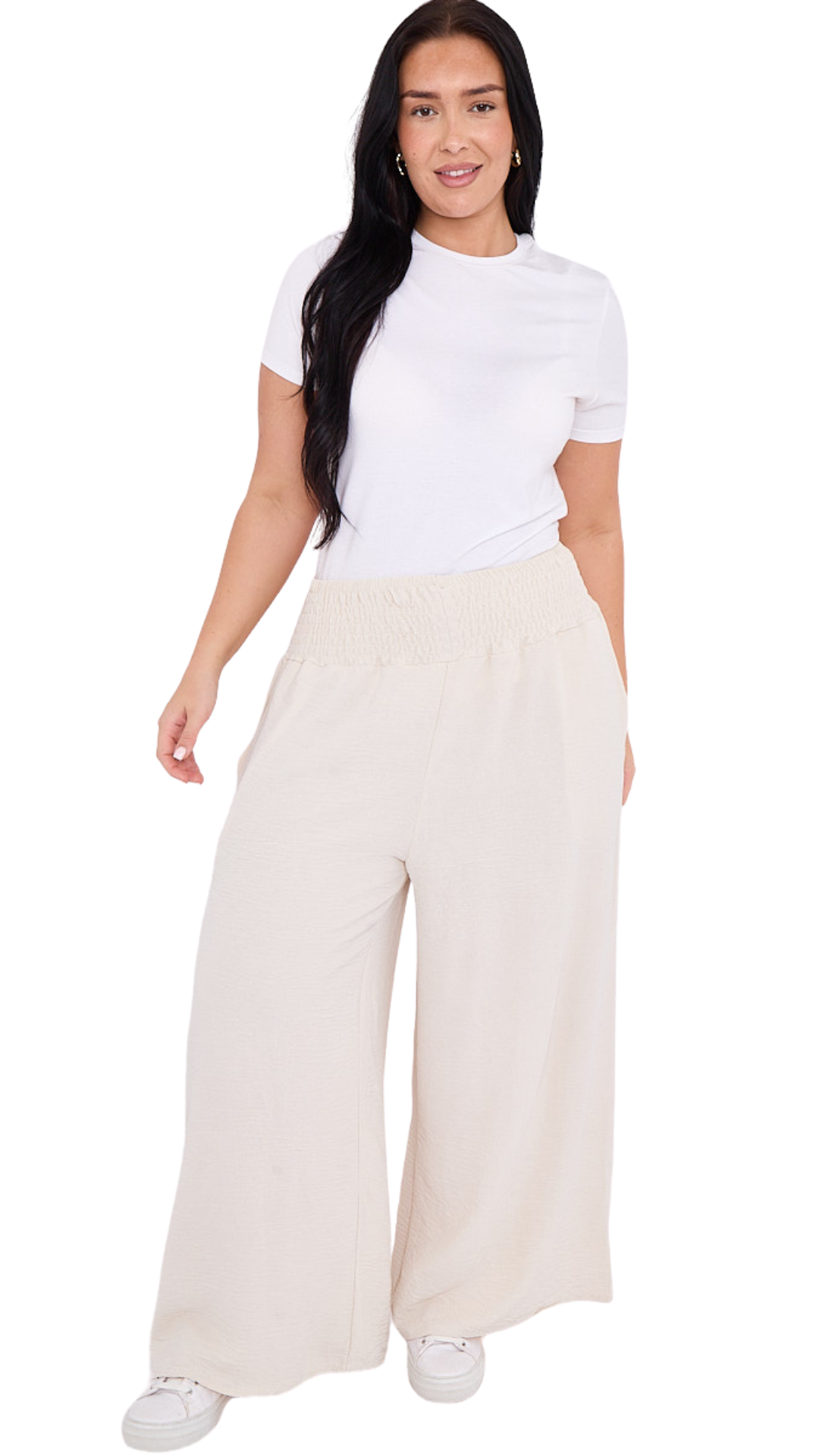 WIDE LEG SHIRRED WAIST TROUSERS - STONE