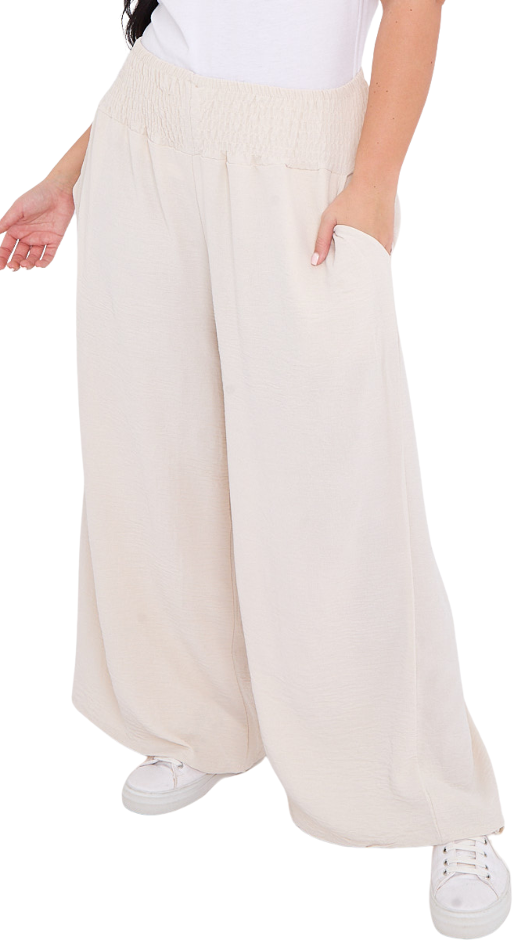 WIDE LEG SHIRRED WAIST TROUSERS - STONE