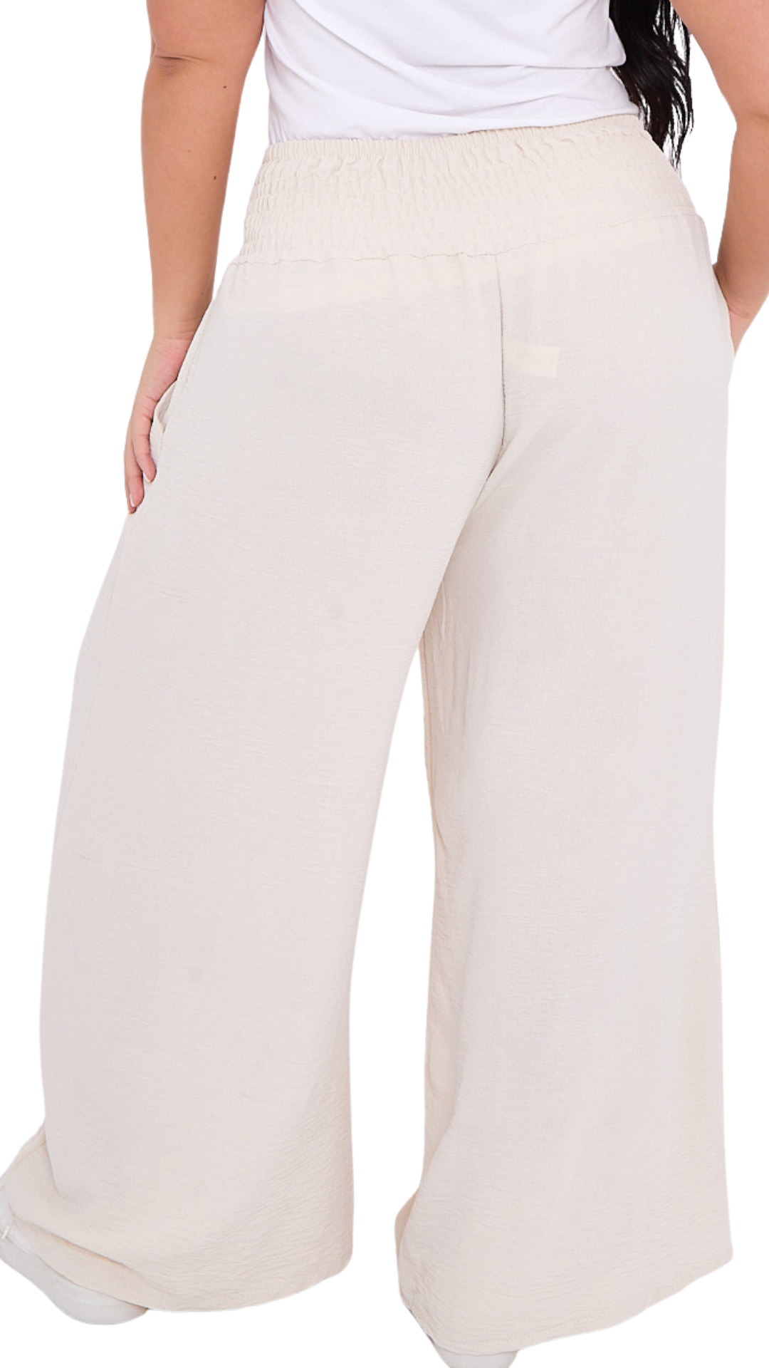 WIDE LEG SHIRRED WAIST TROUSERS - STONE