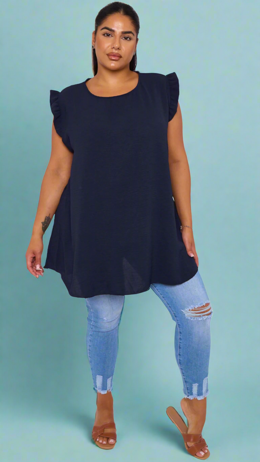 FRILL CAP SLEEVE NECKLACE TOP - NAVY