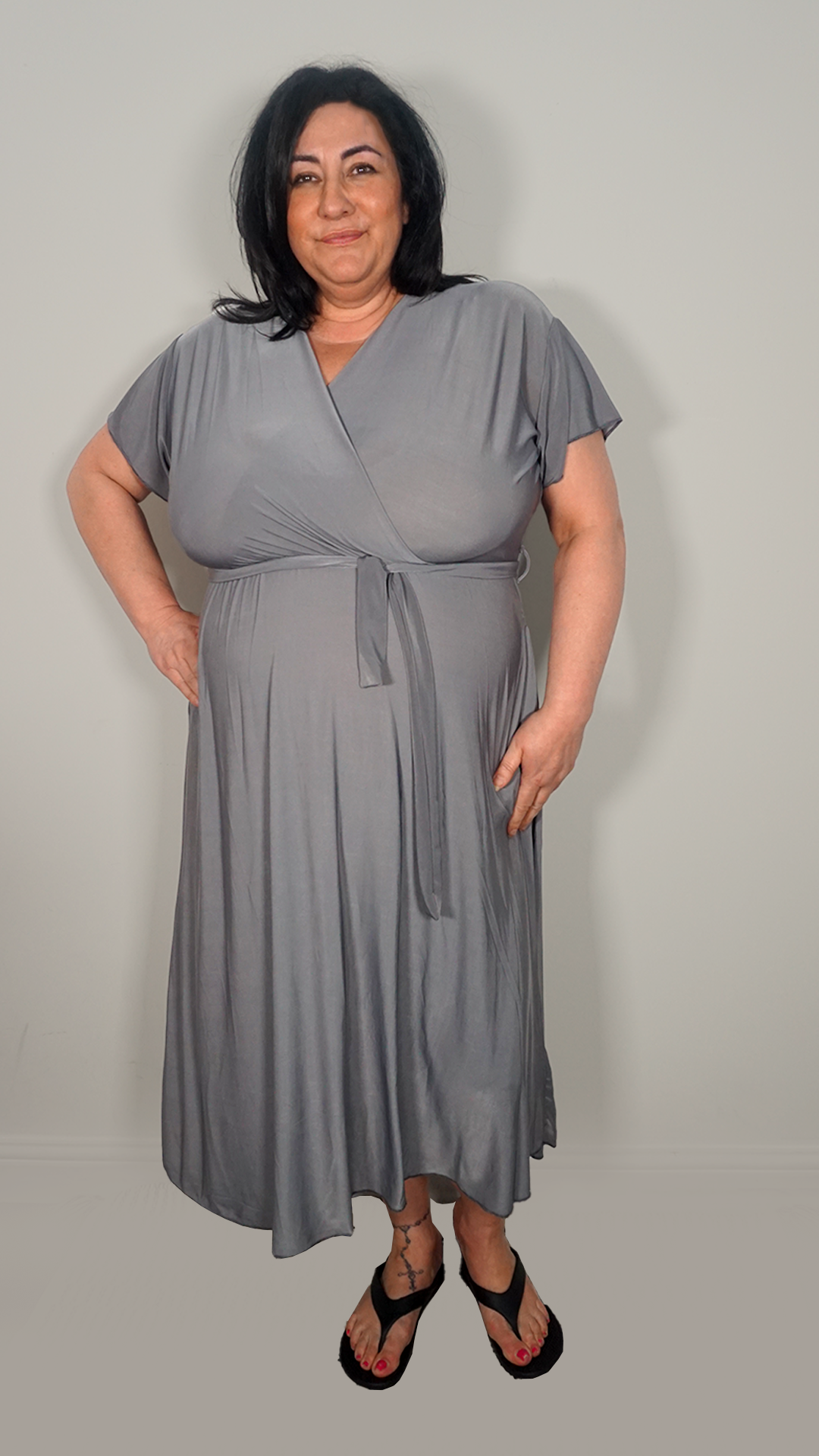V - NECK WRAP MIDI DRESS - SILVER GREY