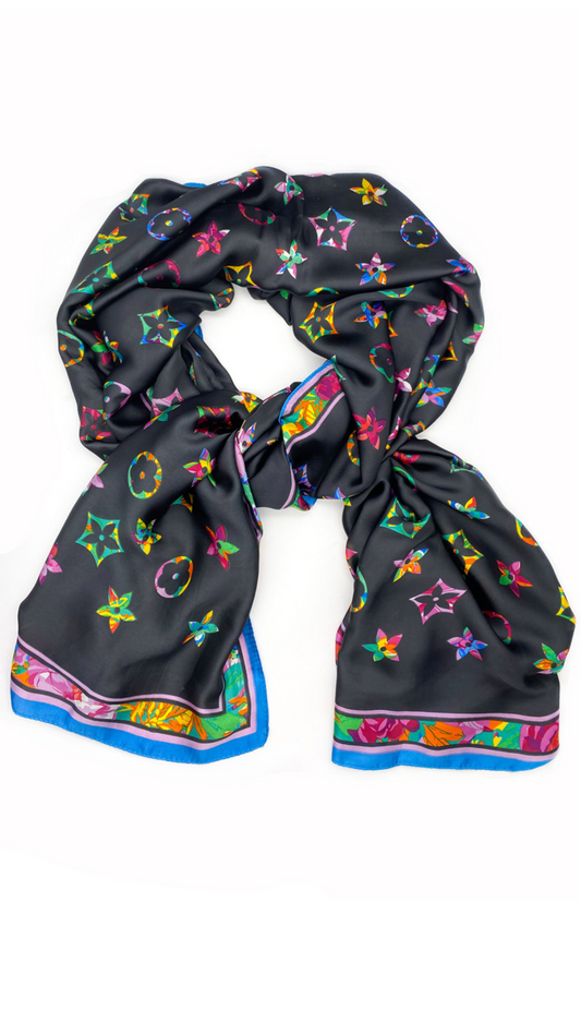 FLORAL MONOGRAM SILK SCARF - BLACK