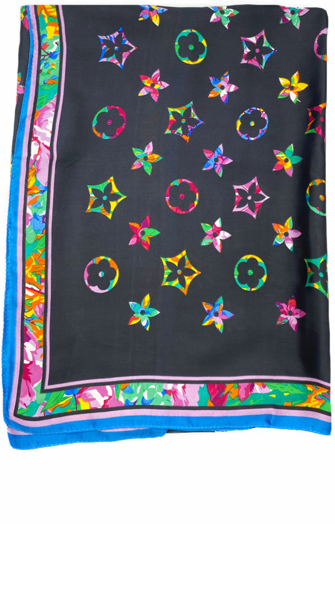 FLORAL MONOGRAM SILK SCARF - BLACK