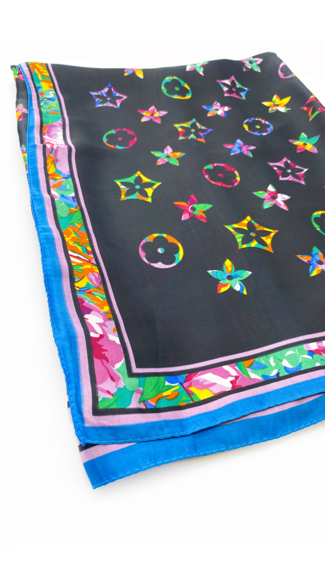 FLORAL MONOGRAM SILK SCARF - BLACK