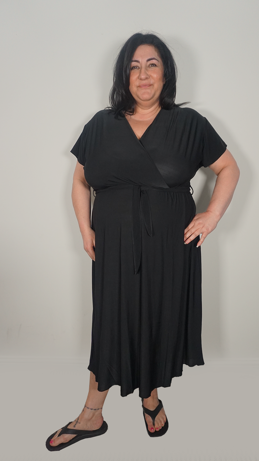 V - NECK WRAP MIDI DRESS - BLACK