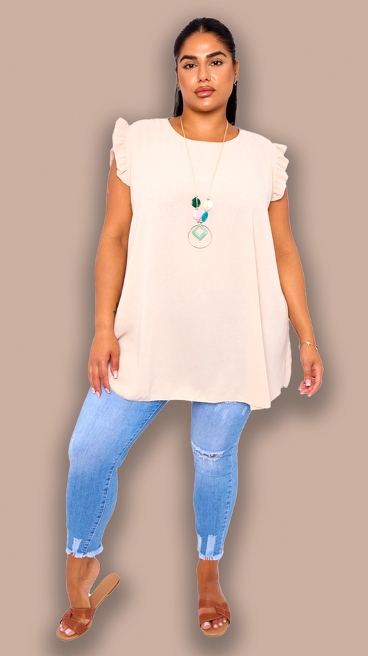 FRILL CAP SLEEVE NECKLACE TOP - BEIGE