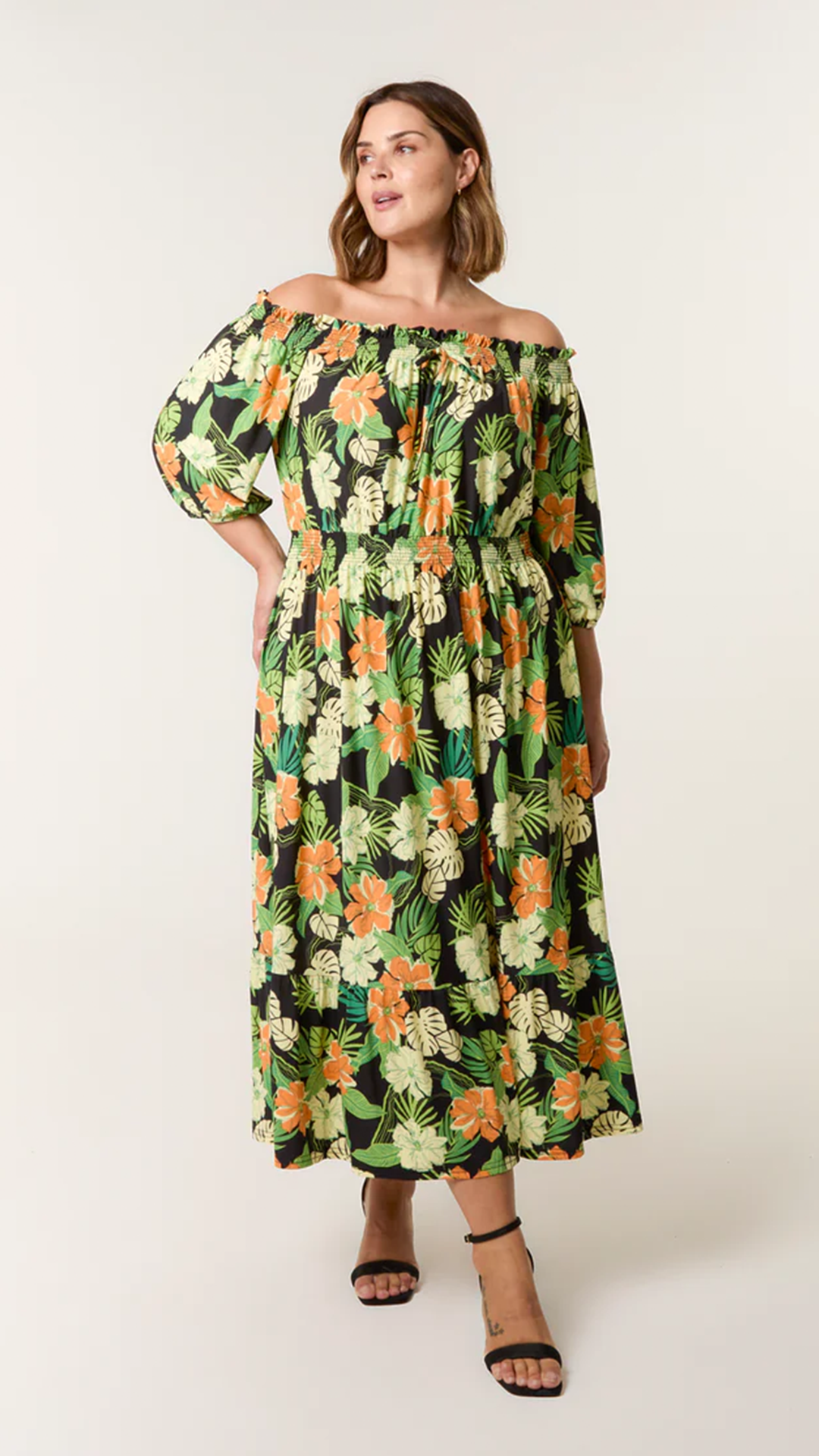 Tropical Bardot Midi Dress