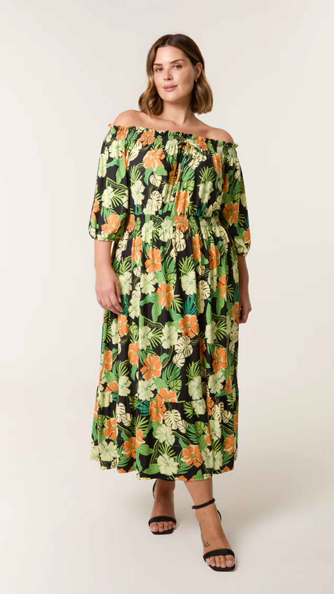 Tropical Bardot Midi Dress