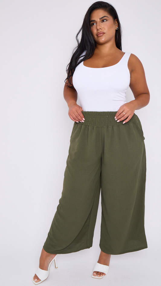 WIDE LEG SHIRRED WAIST TROUSERS - KHAKI