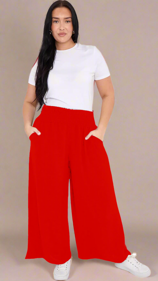 WIDE LEG SHIRRED WAIST TROUSERS - RED