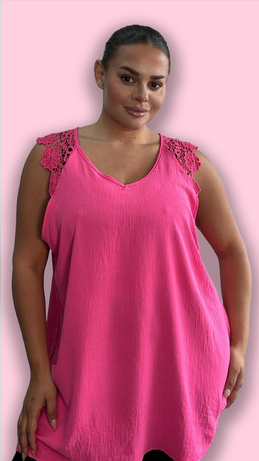 LACE SHOULDER VEST - HOT PINK